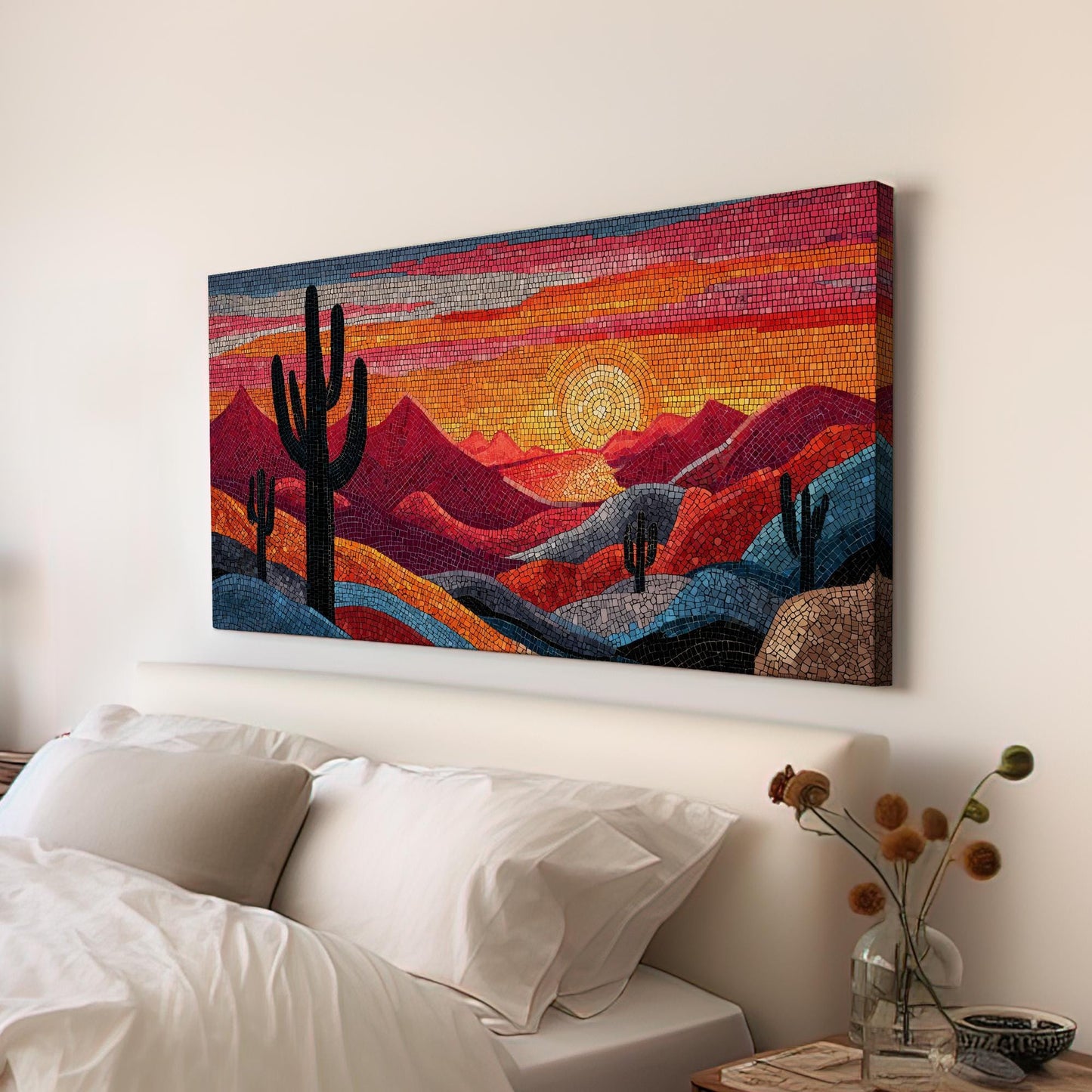 Vibrant Desert Mosaic Canvas Art | Abstract Print | Bohemian Wall Art For Living Room | Sunset Amber Art | Cactus Landscape Horizontal Art