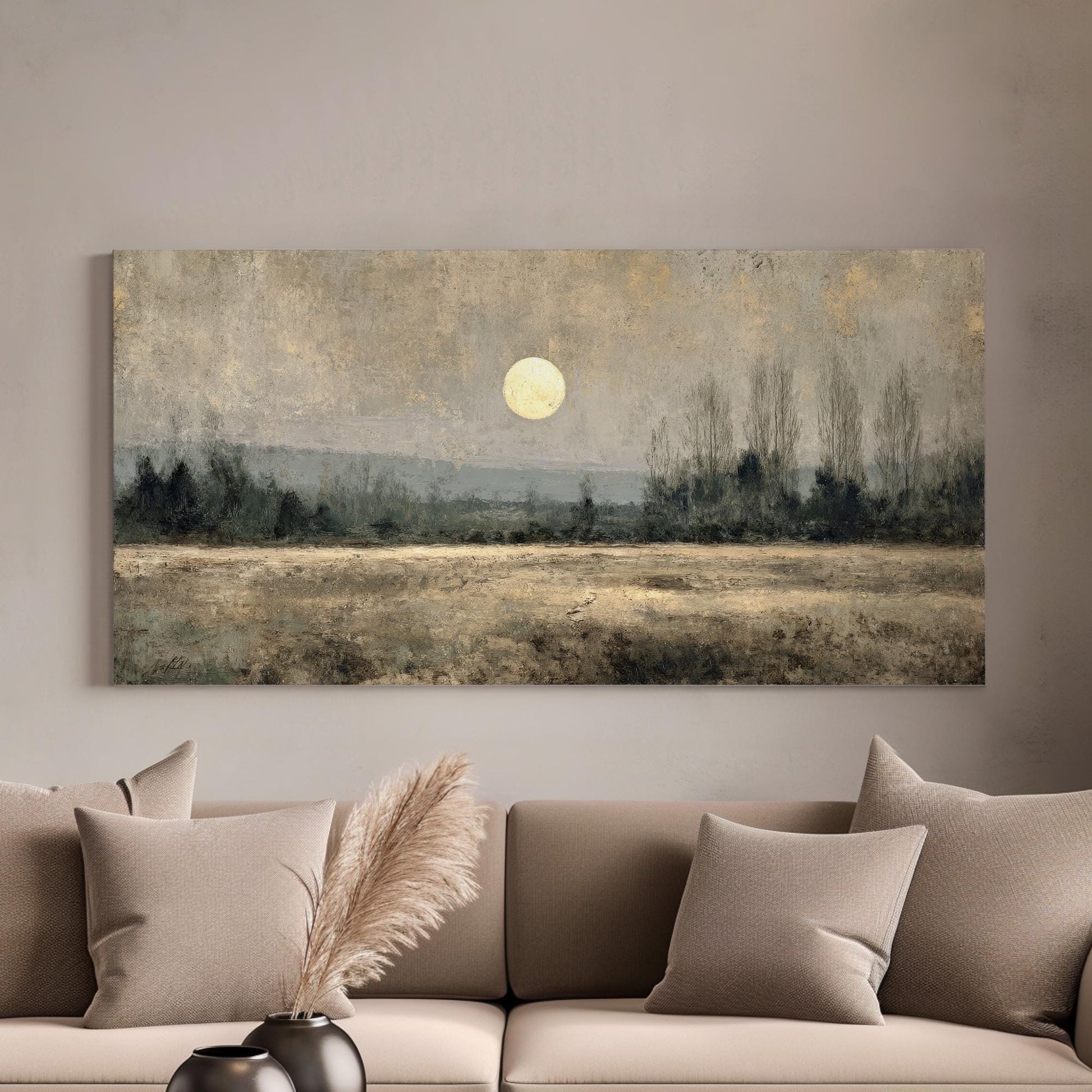 Misty Sunrise Canvas Art | Impressionist Print | Rustic Wall Art For Living Room | Ecru Twilight Art | Landscape Decor Horizontal Art