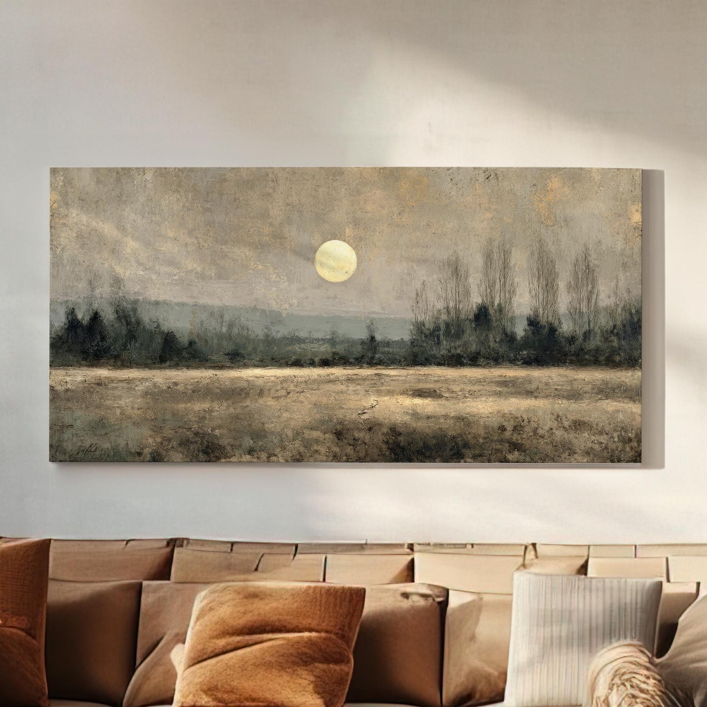 Misty Sunrise Canvas Art | Impressionist Print | Rustic Wall Art For Living Room | Ecru Twilight Art | Landscape Decor Horizontal Art