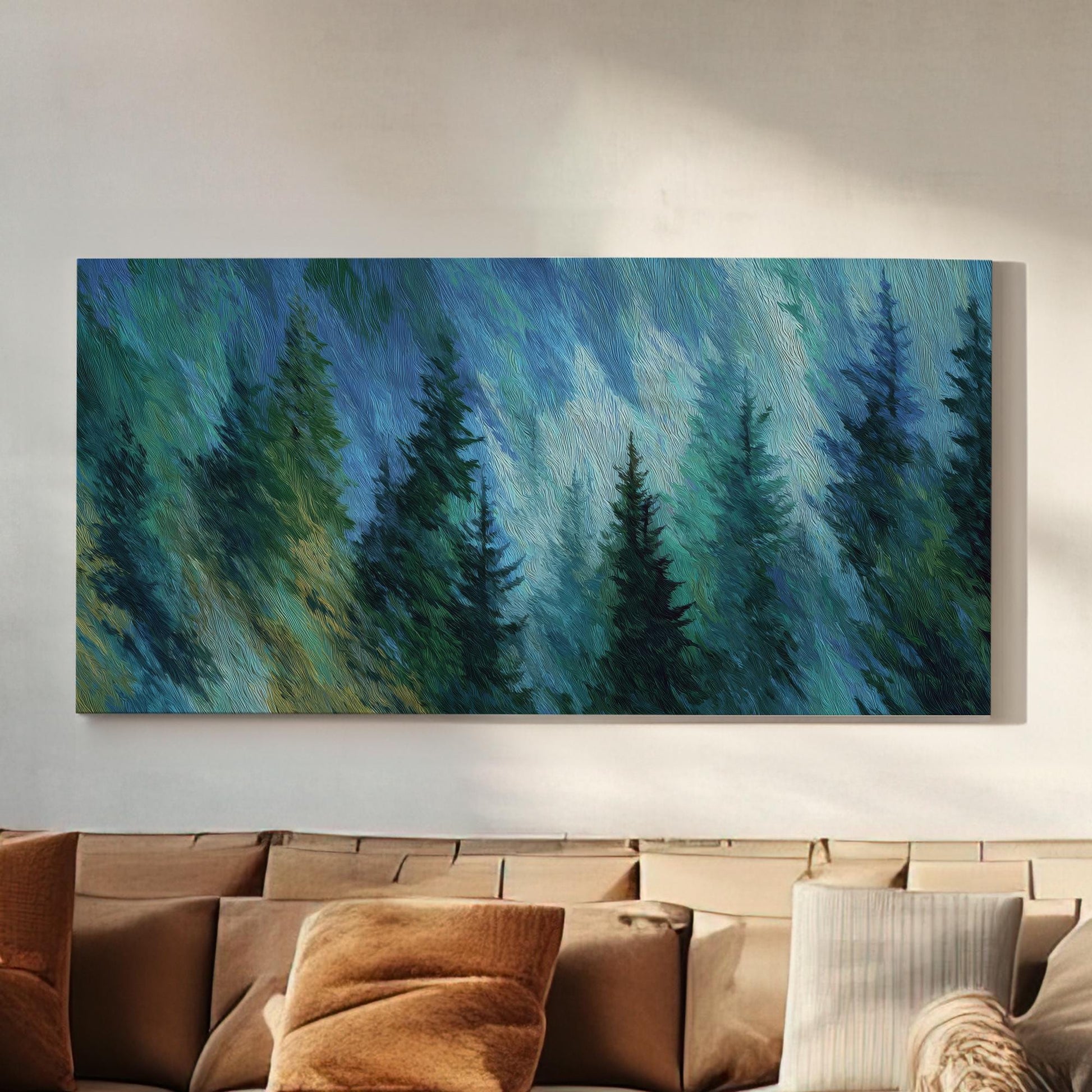 Misty Pines Canvas Art | Impressionist Print | Contemporary Wall Art For Living Room | Azure Forest Art | Nature Decor Horizontal Art