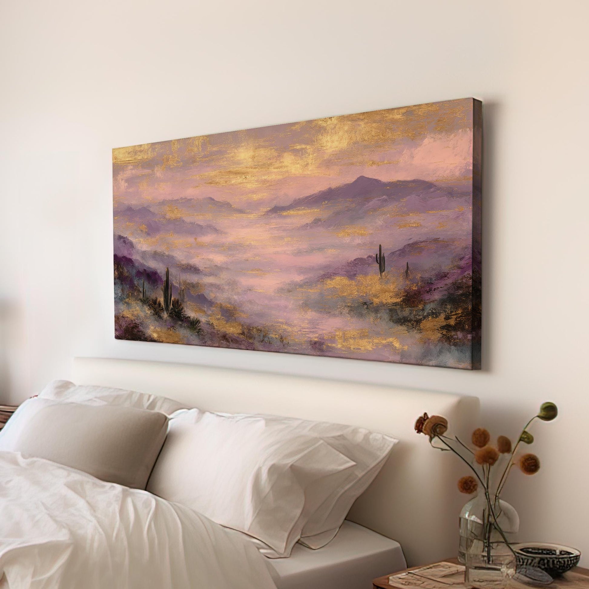 Misty Mountain Serenity Canvas Art | Impressionist Print | Bohemian Wall Art For Living Room | Lavender Twilight Art | Desert Landscape Art
