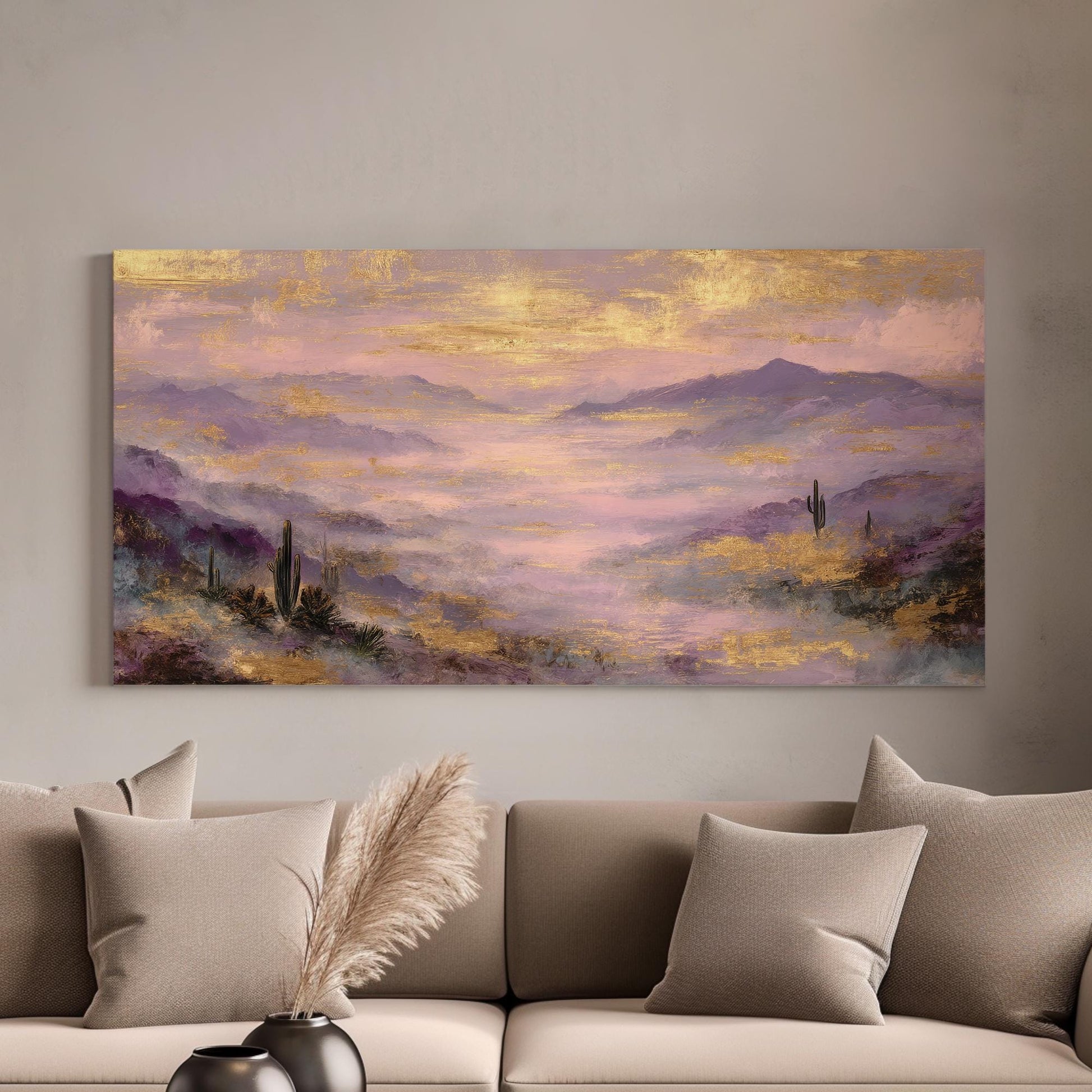 Misty Mountain Serenity Canvas Art | Impressionist Print | Bohemian Wall Art For Living Room | Lavender Twilight Art | Desert Landscape Art