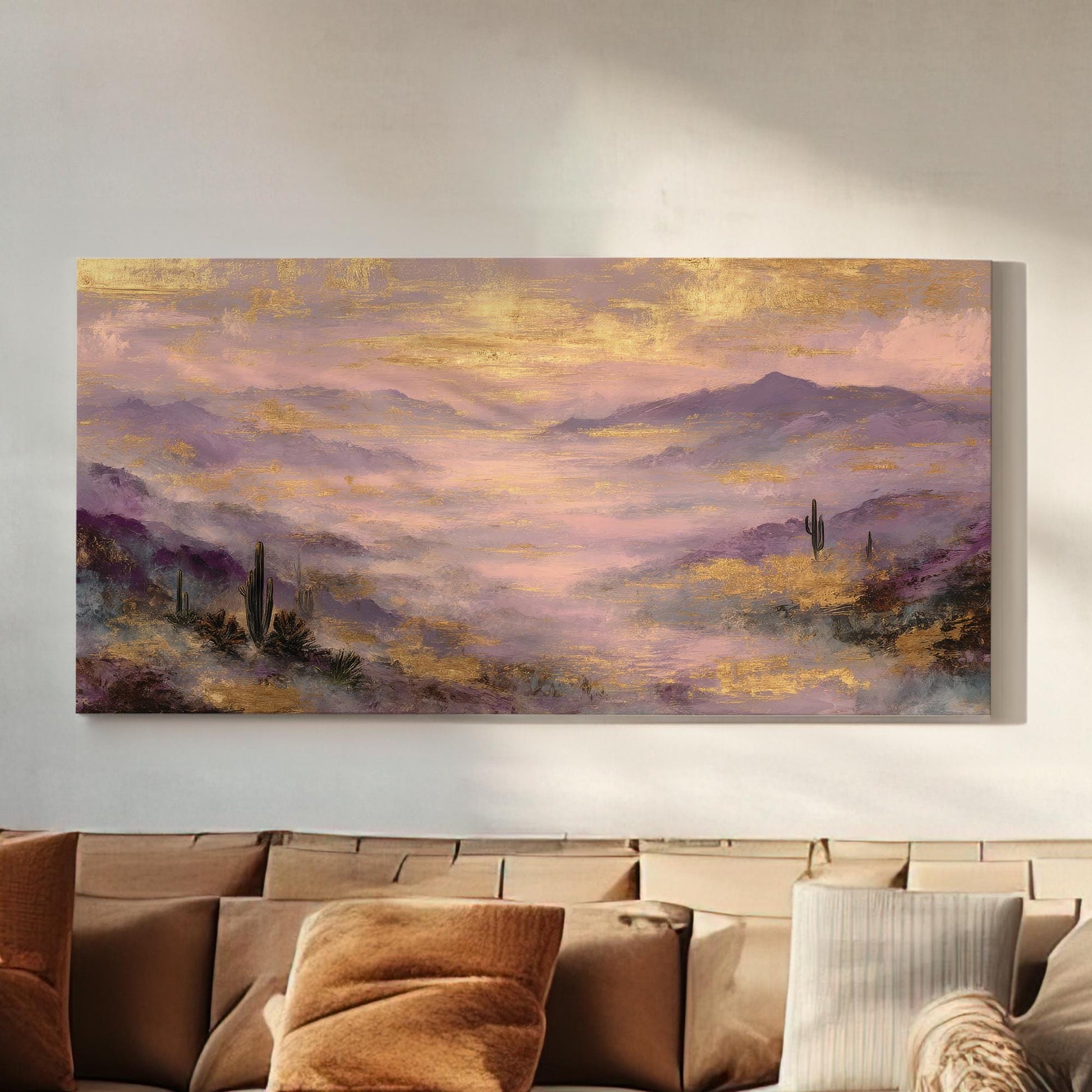 Misty Mountain Serenity Canvas Art | Impressionist Print | Bohemian Wall Art For Living Room | Lavender Twilight Art | Desert Landscape Art