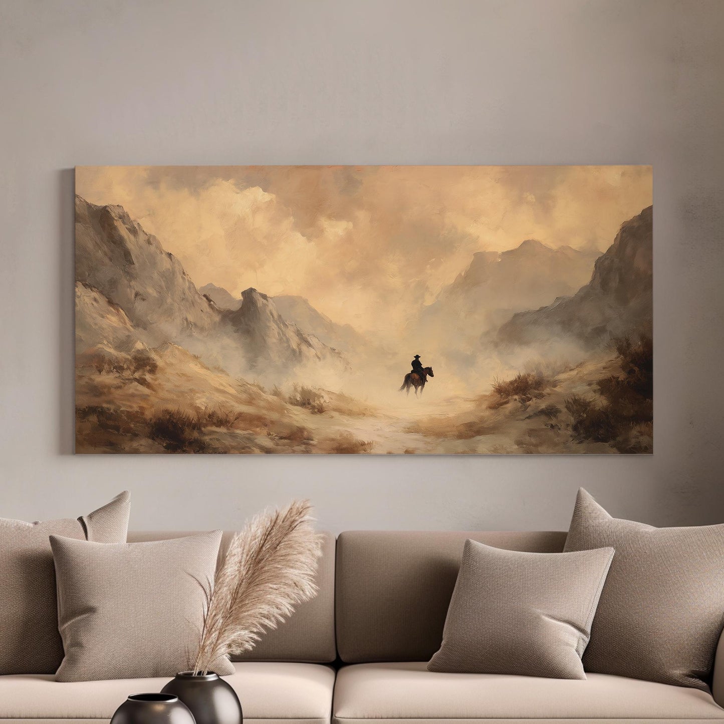 Lone Rider in the Mist Canvas Art | Western Landscape Print | Rustic Wall Art For Living Room | Sandy Dunes Art | Mountain Passage Art