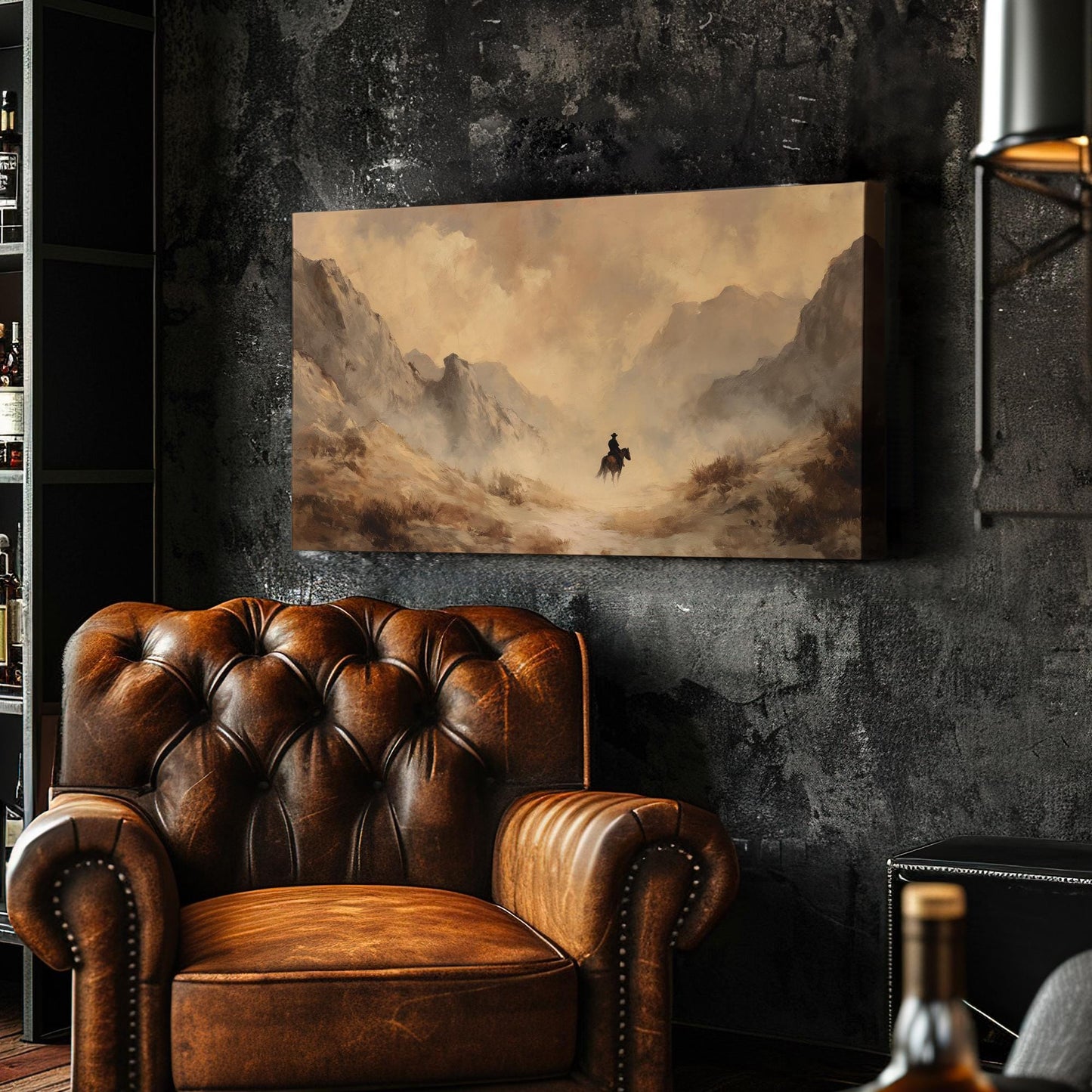 Lone Rider in the Mist Canvas Art | Western Landscape Print | Rustic Wall Art For Living Room | Sandy Dunes Art | Mountain Passage Art