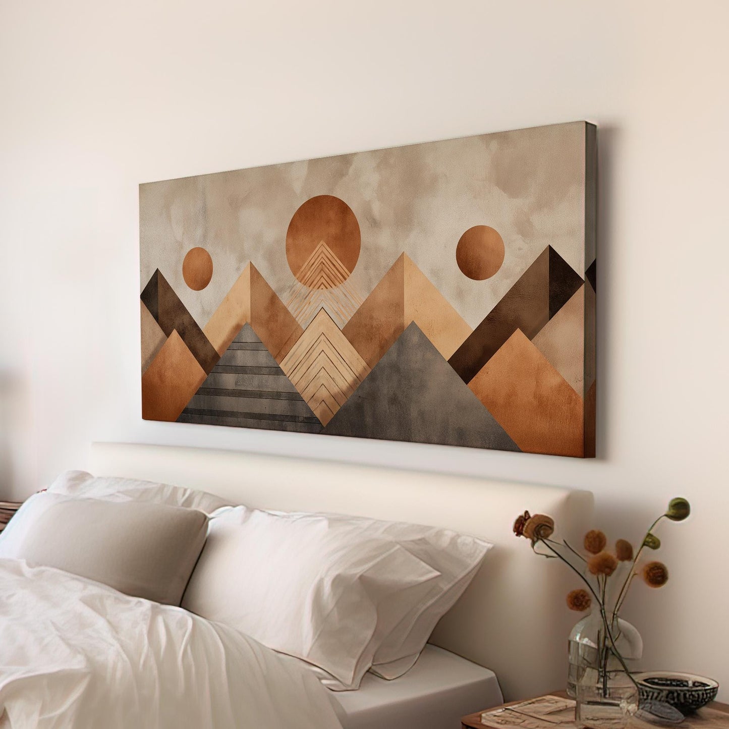 Geometric Sun and Mountain Peaks Canvas Art | Abstract Print | Modern Wall Art for Living Room | Caramel Latte Art | Landscape Decor Art