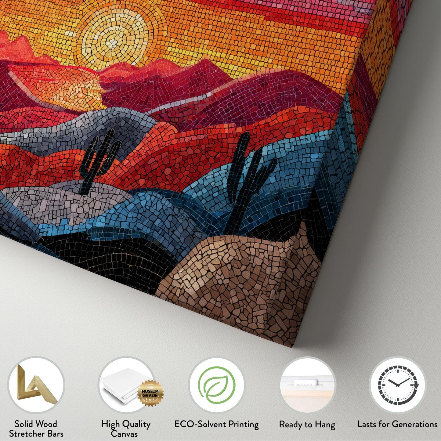 Vibrant Desert Mosaic Canvas Art | Abstract Print | Bohemian Wall Art For Living Room | Sunset Amber Art | Cactus Landscape Horizontal Art