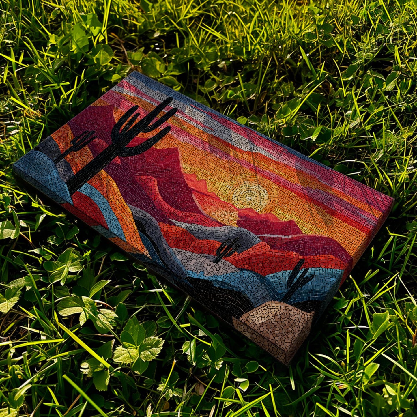 Vibrant Desert Mosaic Canvas Art | Abstract Print | Bohemian Wall Art For Living Room | Sunset Amber Art | Cactus Landscape Horizontal Art
