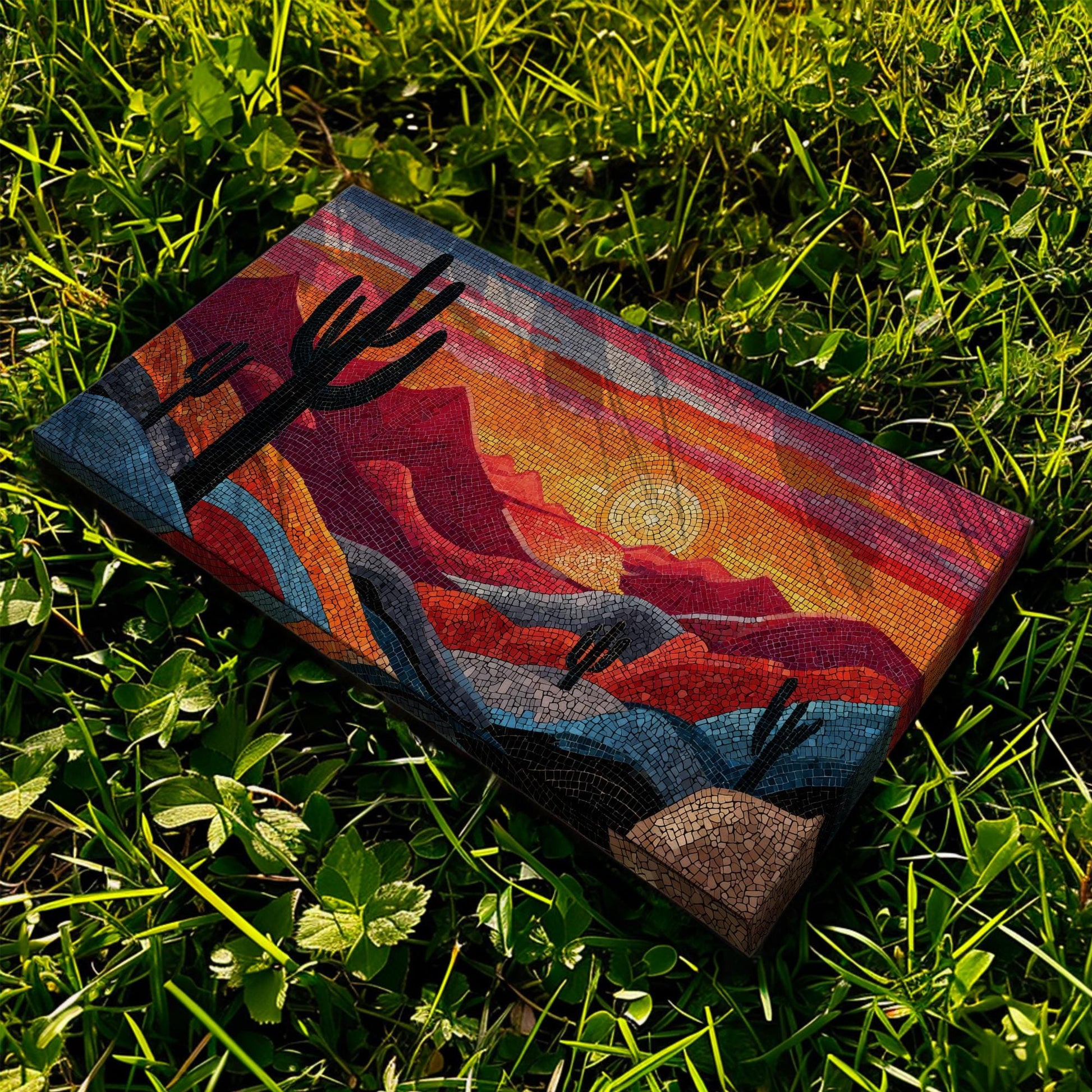 Vibrant Desert Mosaic Canvas Art | Abstract Print | Bohemian Wall Art For Living Room | Sunset Amber Art | Cactus Landscape Horizontal Art