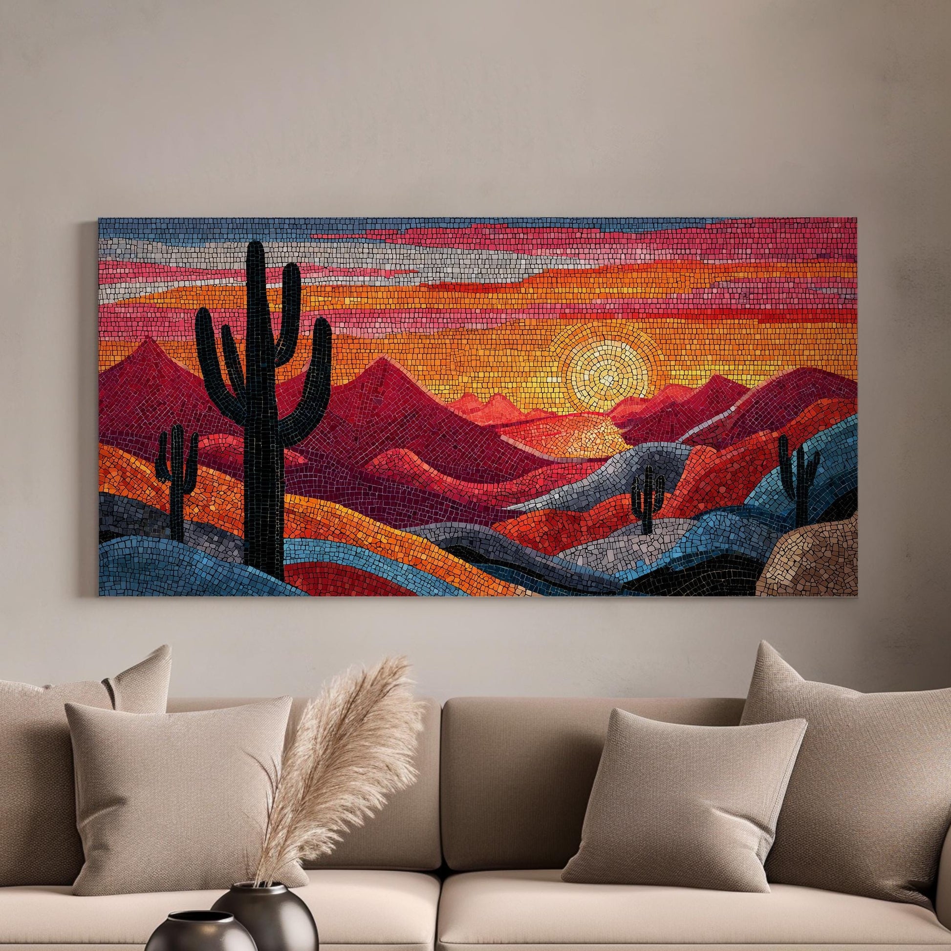 Vibrant Desert Mosaic Canvas Art | Abstract Print | Bohemian Wall Art For Living Room | Sunset Amber Art | Cactus Landscape Horizontal Art