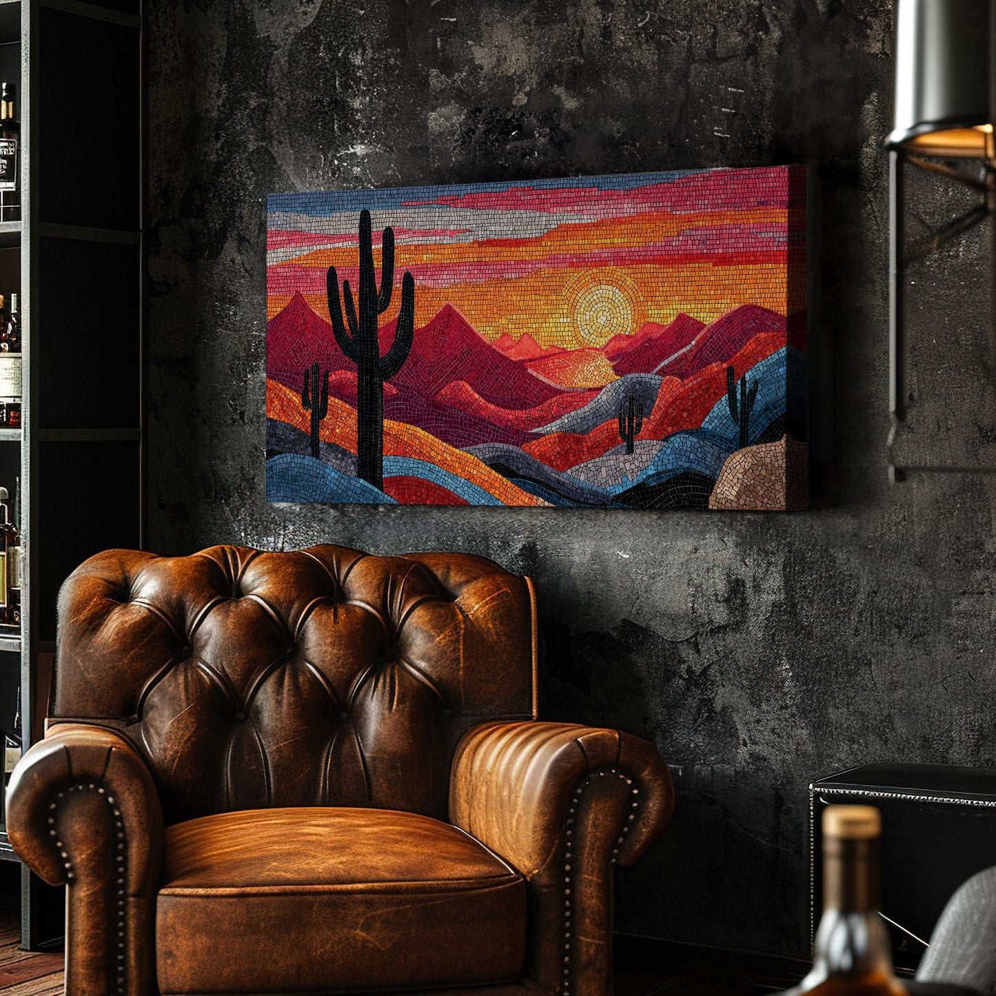 Vibrant Desert Mosaic Canvas Art | Abstract Print | Bohemian Wall Art For Living Room | Sunset Amber Art | Cactus Landscape Horizontal Art