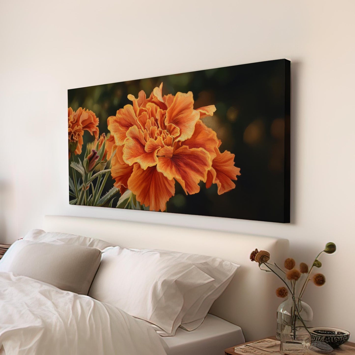 Radiant Marigold Bloom Canvas Art | Botanical Print | Contemporary Wall Art For Living Room | Sunset Amber Art | Floral Decor Horizontal Art