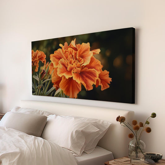 Radiant Marigold Bloom Canvas Art | Botanical Print | Contemporary Wall Art For Living Room | Sunset Amber Art | Floral Decor Horizontal Art