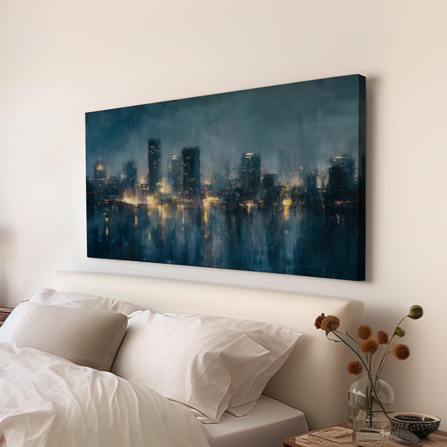 Urban Twilight Reflections Canvas Art | Impressionist Cityscape Print | Modern Wall Art For Living Room | Midnight Azure Art | Skyline Art