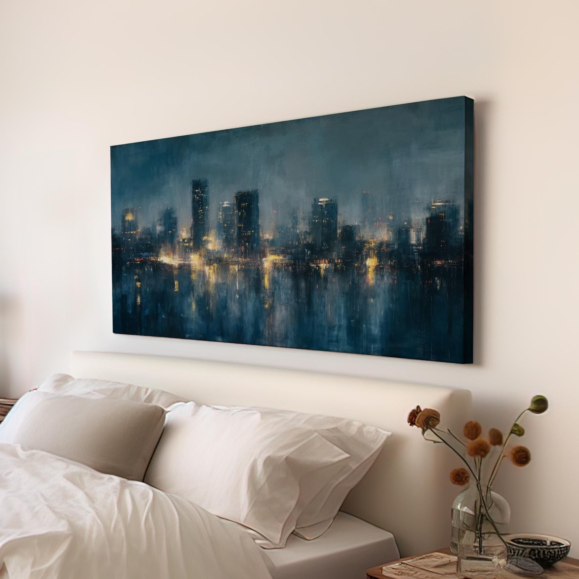 Urban Twilight Reflections Canvas Art | Impressionist Cityscape Print | Modern Wall Art For Living Room | Midnight Azure Art | Skyline Art