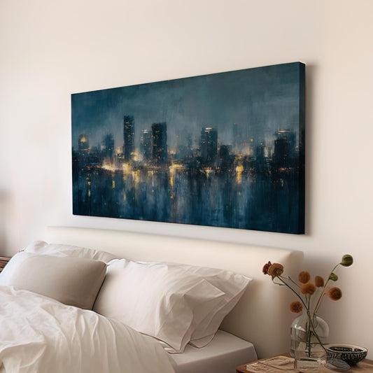 Urban Twilight Reflections Canvas Art | Impressionist Cityscape Print | Modern Wall Art For Living Room | Midnight Azure Art | Skyline Art