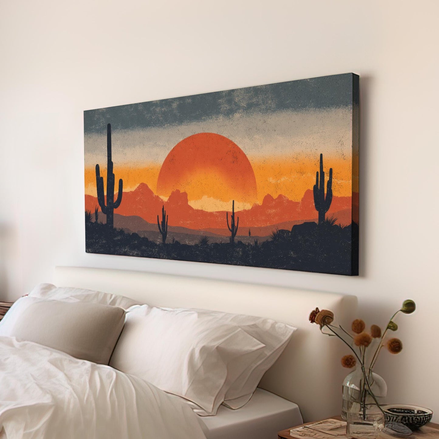 Sunset Over Cactus Canvas Art | Desert Twilight Print | Southwestern Wall Art For Living Room | Crimson Horizon Art | Landscape Decor Art