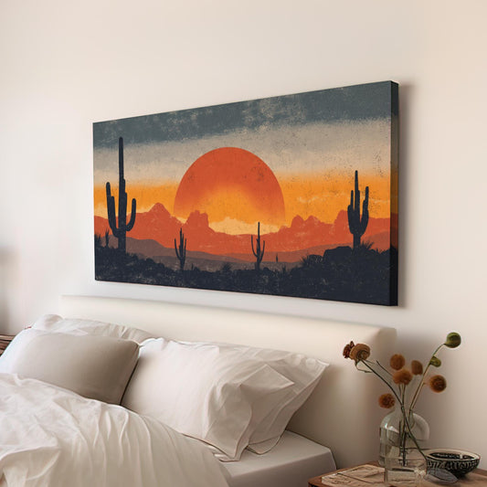 Sunset Over Cactus Canvas Art | Desert Twilight Print | Southwestern Wall Art For Living Room | Crimson Horizon Art | Landscape Decor Art