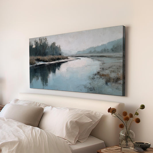 Serene Riverbend Canvas Art | Impressionist Print | Tranquil Wall Art For Bedroom | Icy Blue Art | Landscape Decor Horizontal Art