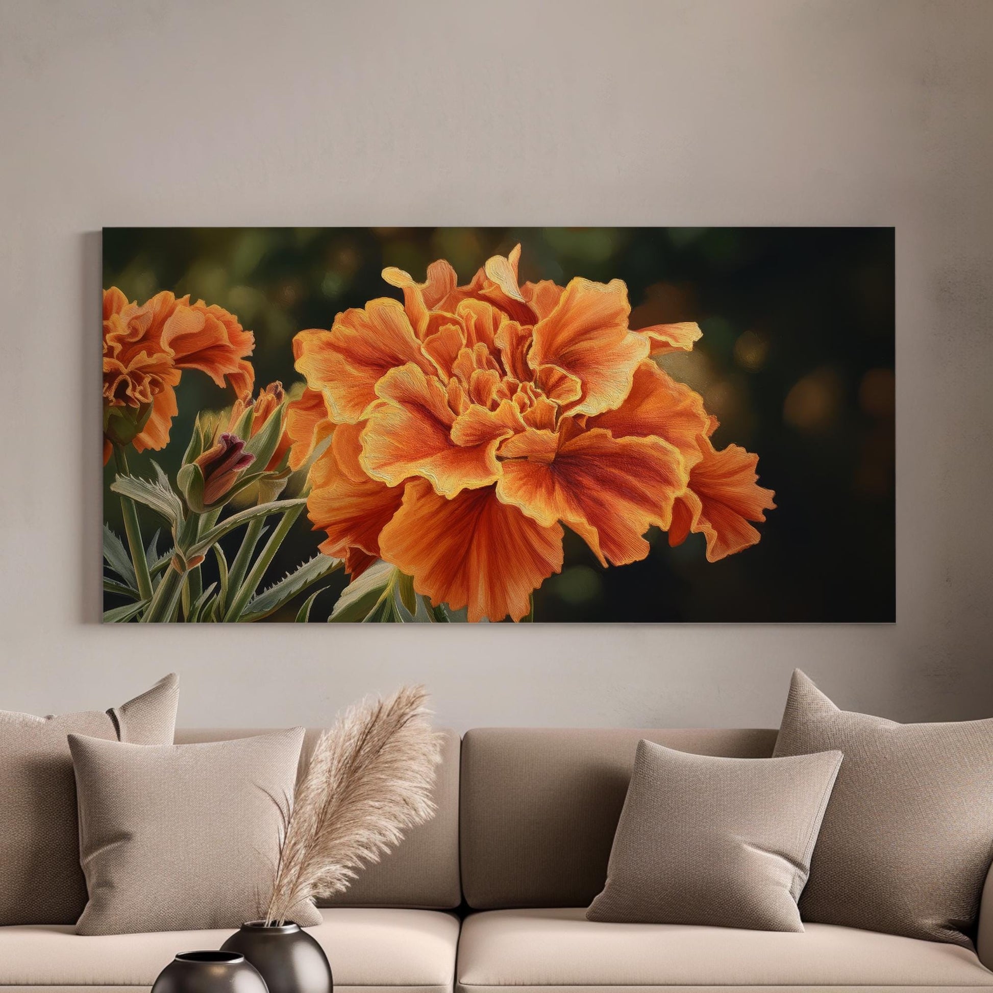 Radiant Marigold Bloom Canvas Art | Botanical Print | Contemporary Wall Art For Living Room | Sunset Amber Art | Floral Decor Horizontal Art