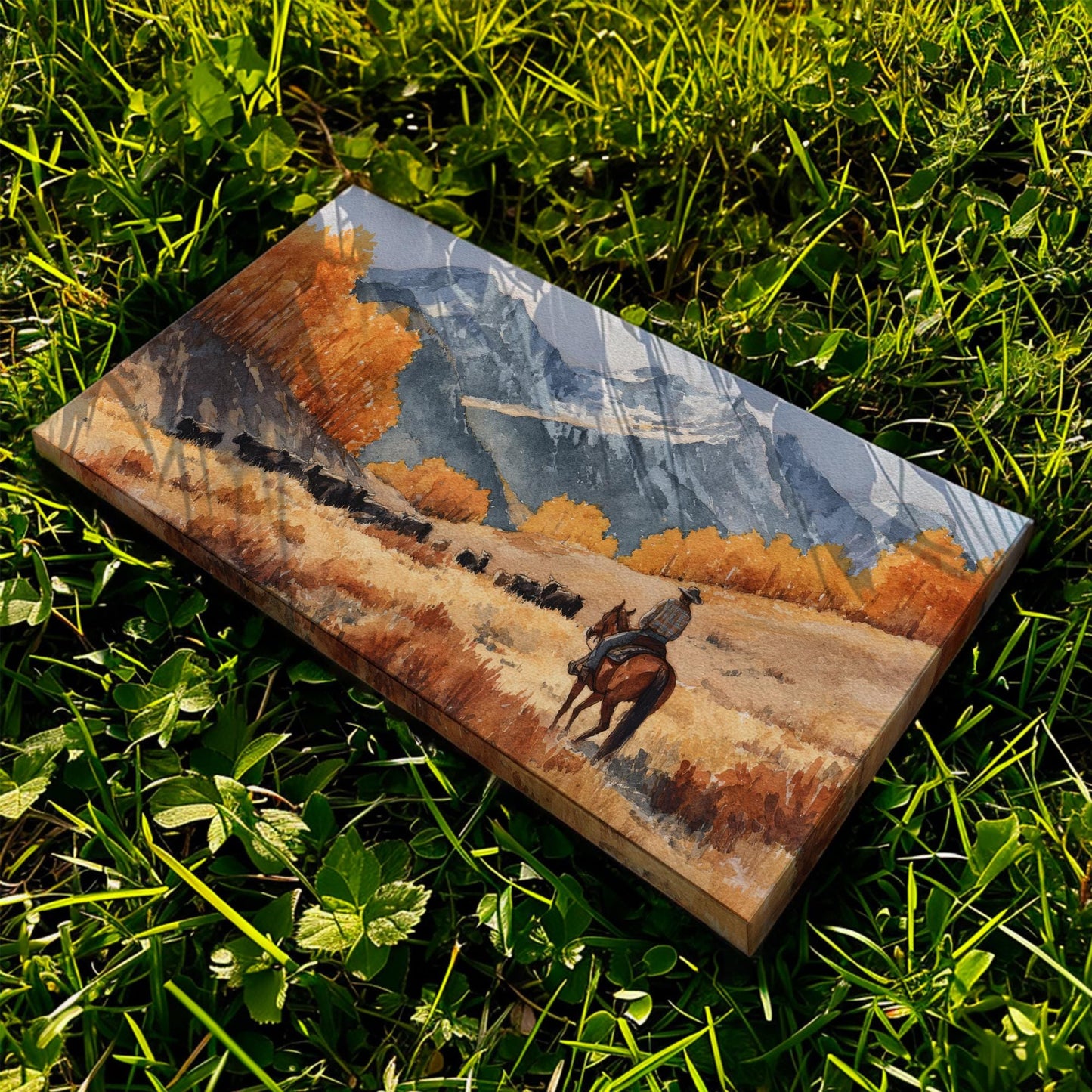 Rider in Autumn Valley Canvas Art | Western Landscape Print | Rustic Wall Art For Living Room | Amber Sunrise Art | Cattle Ranch Decor Art