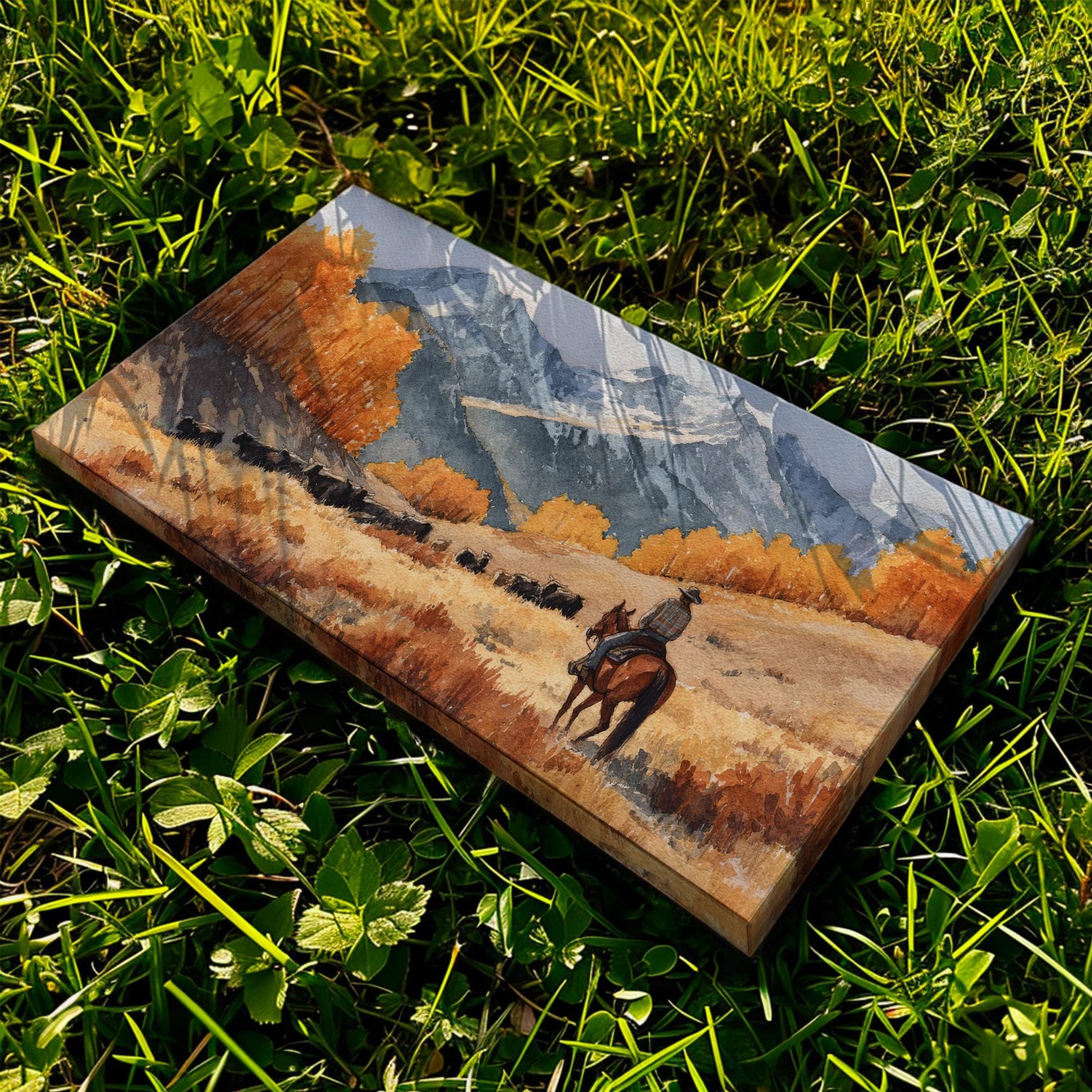 Rider in Autumn Valley Canvas Art | Western Landscape Print | Rustic Wall Art For Living Room | Amber Sunrise Art | Cattle Ranch Decor Art
