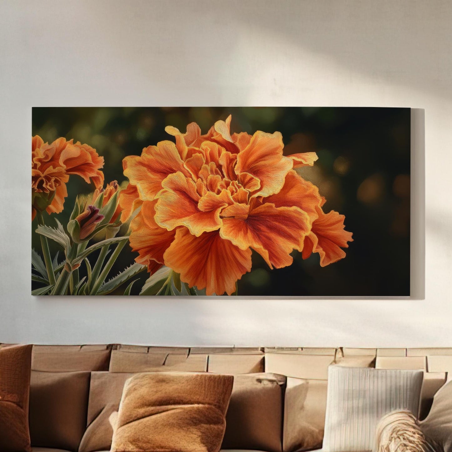 Radiant Marigold Bloom Canvas Art | Botanical Print | Contemporary Wall Art For Living Room | Sunset Amber Art | Floral Decor Horizontal Art