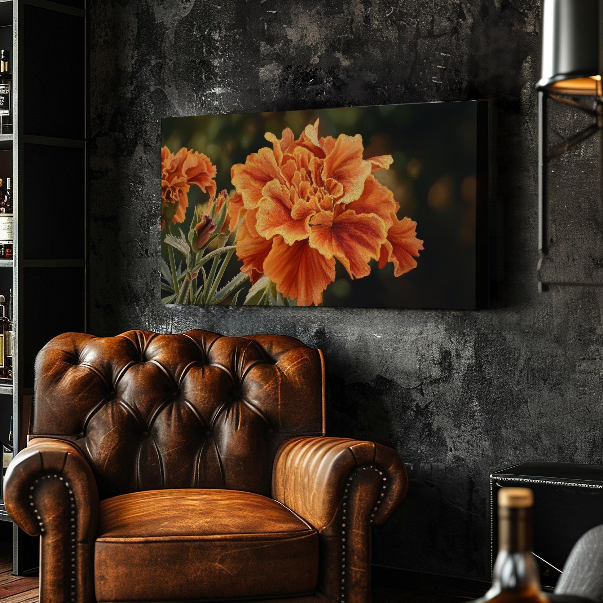 Radiant Marigold Bloom Canvas Art | Botanical Print | Contemporary Wall Art For Living Room | Sunset Amber Art | Floral Decor Horizontal Art