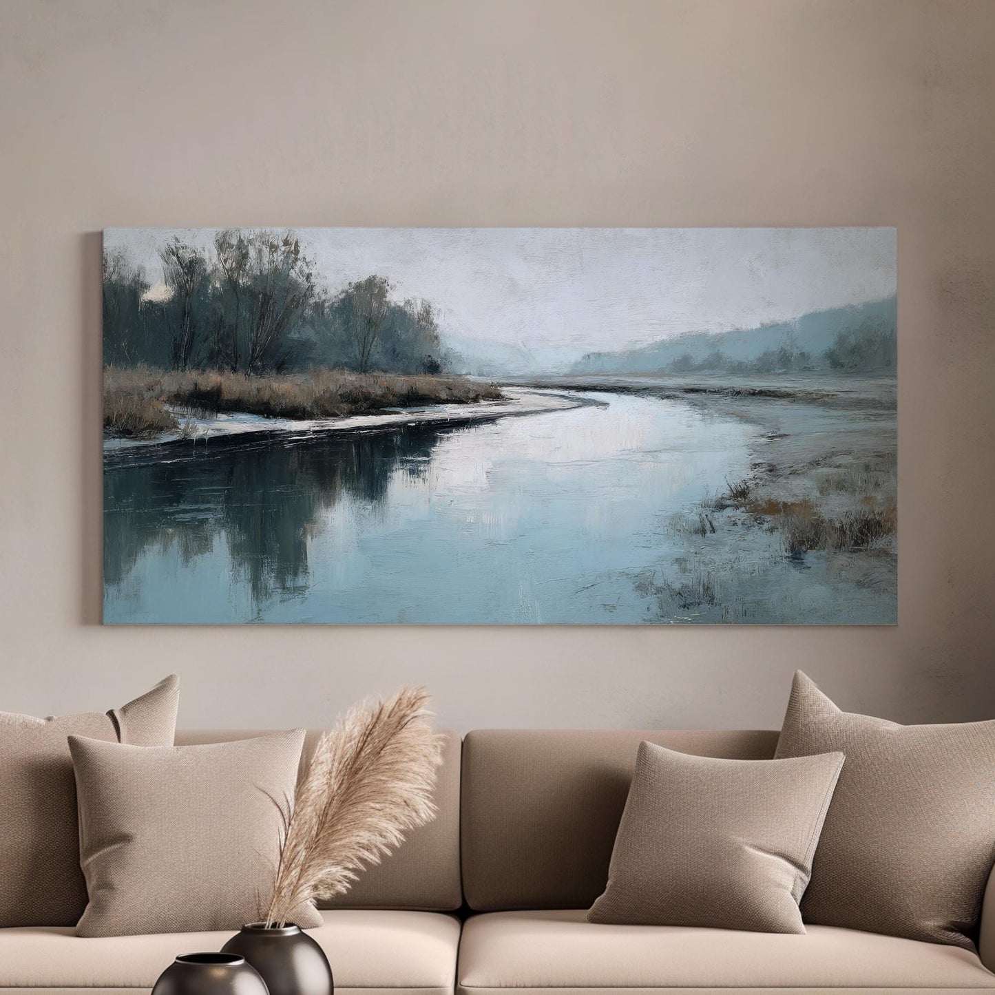Serene Riverbend Canvas Art | Impressionist Print | Tranquil Wall Art For Bedroom | Icy Blue Art | Landscape Decor Horizontal Art