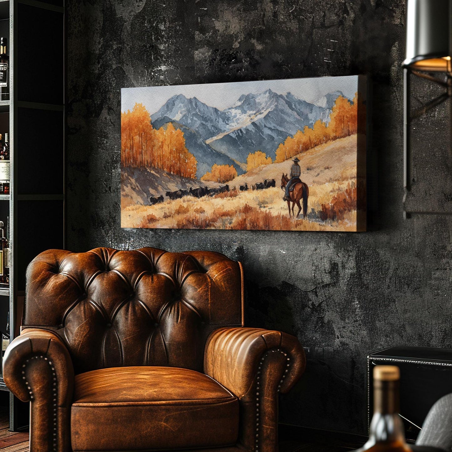 Rider in Autumn Valley Canvas Art | Western Landscape Print | Rustic Wall Art For Living Room | Amber Sunrise Art | Cattle Ranch Decor Art