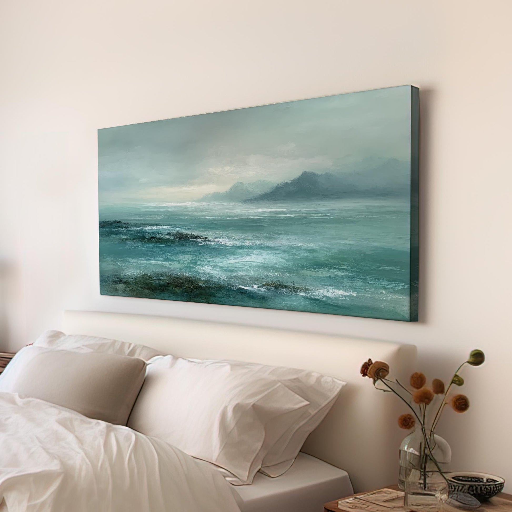 Misty Horizon Canvas Art | Serene Landscape Print | Coastal Wall Art For Living Room | Aquamarine Mist Art | Ocean View Decor Horizontal Art