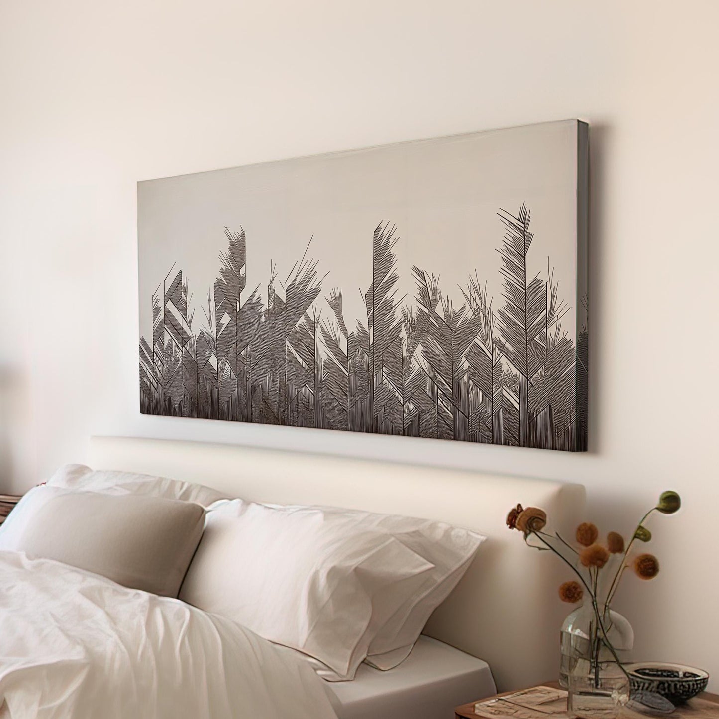 Geometric Fronds Canvas Art | Abstract Minimalist Print | Modern Wall Art For Living Room | Charcoal Whisper Art | Botanical Horizontal Art