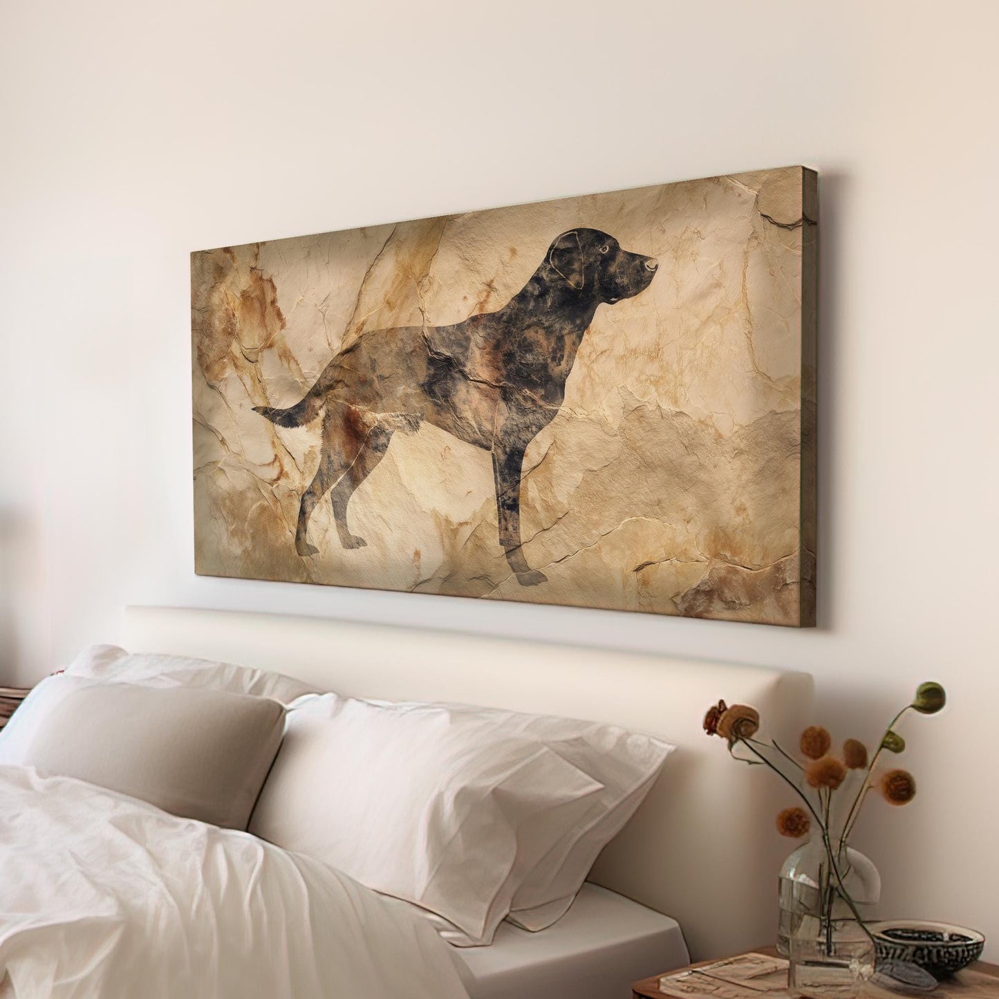 Dog Silhouette Canvas Art | Rustic Print | Rustic Wall Art For Living Room | Sepia Sand Art | Animal Decor Horizontal Art