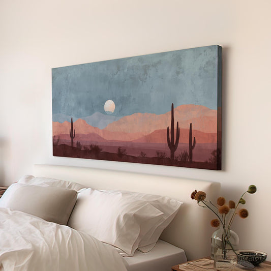 Desert Moonrise Canvas Art | Southwestern Landscape Print | Bohemian Wall Art For Living Room | Dusty Sky Art | Cactus Decor Horizontal Art