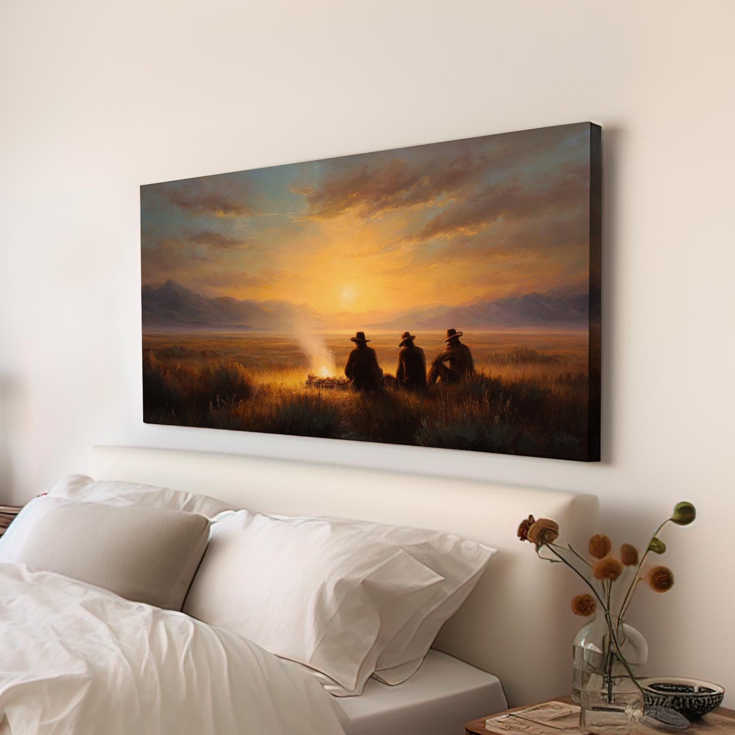 Campfire Sunset Reflections Canvas Art | Western Landscape Print | Rustic Wall Art For Living Room | Amber Glow Art | Evening Gathering Art