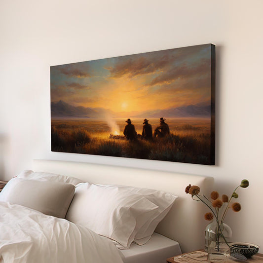 Campfire Sunset Reflections Canvas Art | Western Landscape Print | Rustic Wall Art For Living Room | Amber Glow Art | Evening Gathering Art