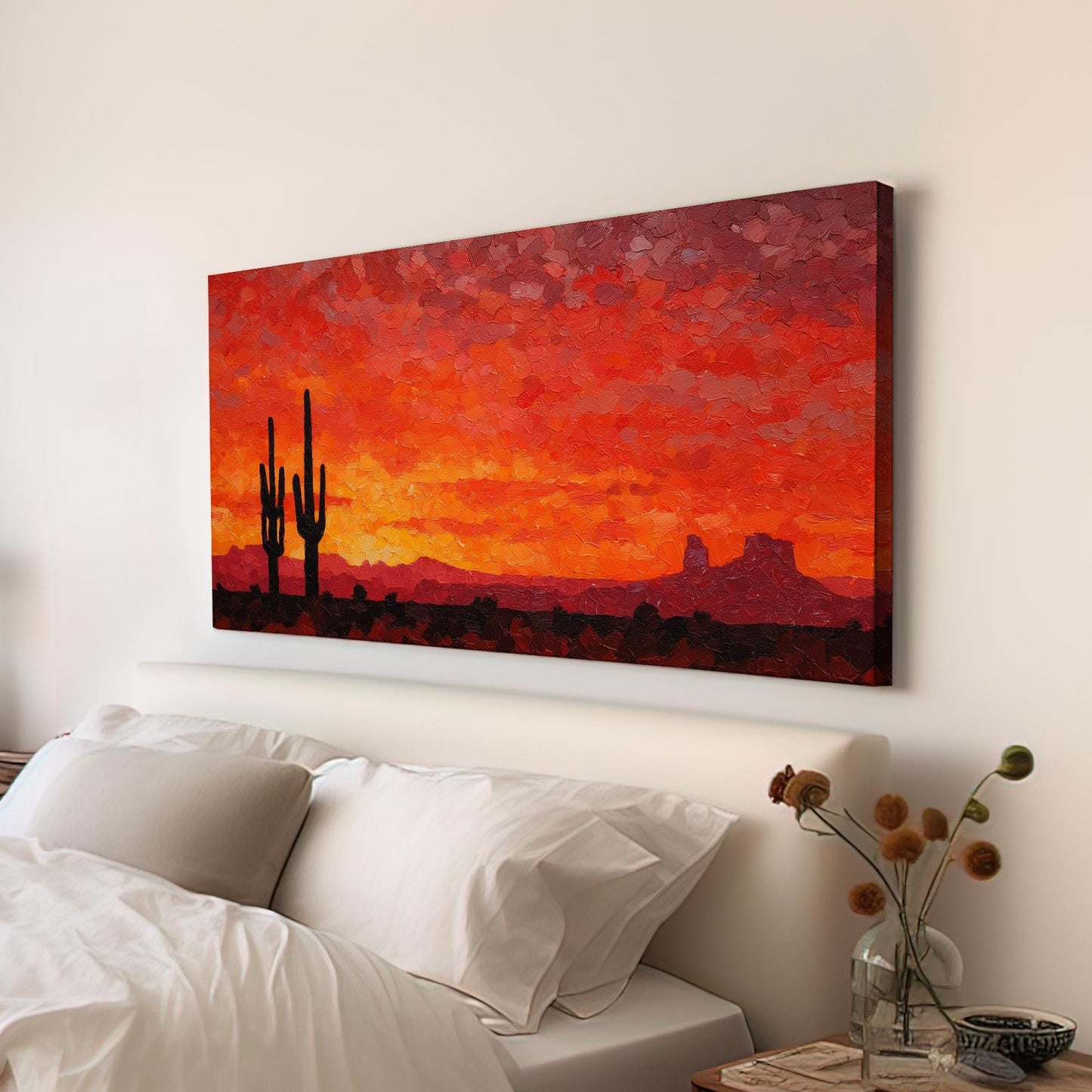 Desert Dusk Canvas Art | Impressionist Sunset Print | Rustic Wall Art For Living Room | Fiery Ember Art | Cactus Landscape Horizontal Art