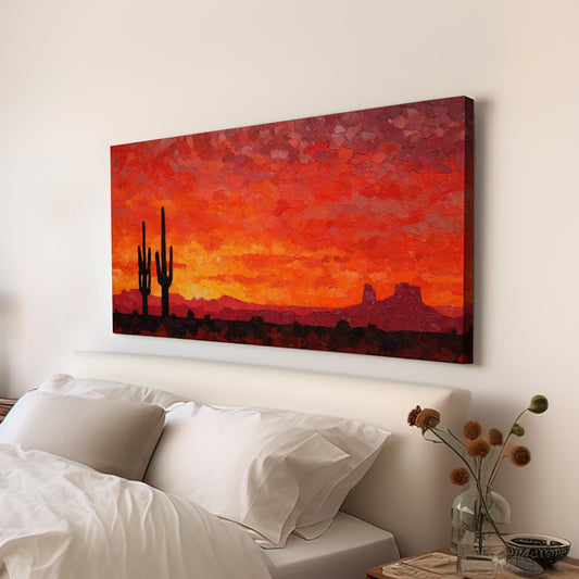 Desert Dusk Canvas Art | Impressionist Sunset Print | Rustic Wall Art For Living Room | Fiery Ember Art | Cactus Landscape Horizontal Art