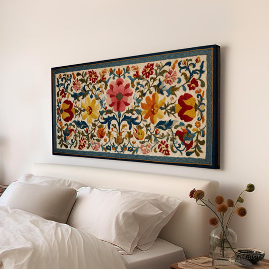 Colorful Floral Tapestry Canvas Art | Folk Art Print | Eclectic Wall Art For Living Room | Scarlet Bloom Art | Botanical Horizontal Art