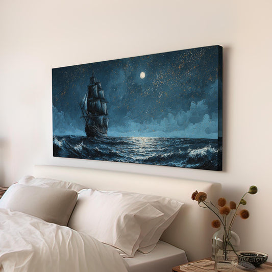 Moonlit Voyage Canvas Art | Impressionist Print | Nautical Wall Art For Bedroom | Celestial Midnight Art | Ship Decor Horizontal Art