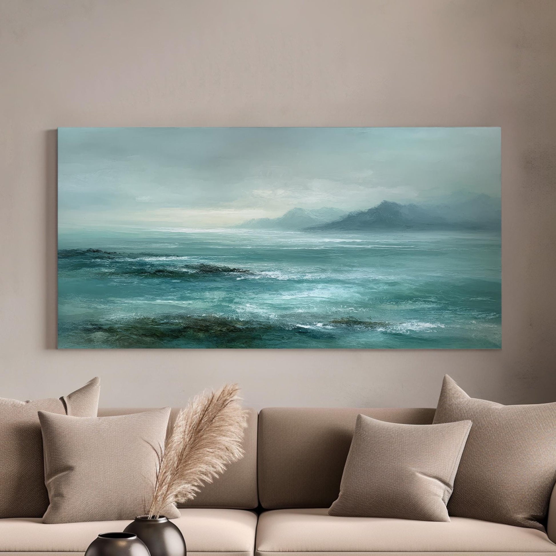 Misty Horizon Canvas Art | Serene Landscape Print | Coastal Wall Art For Living Room | Aquamarine Mist Art | Ocean View Decor Horizontal Art