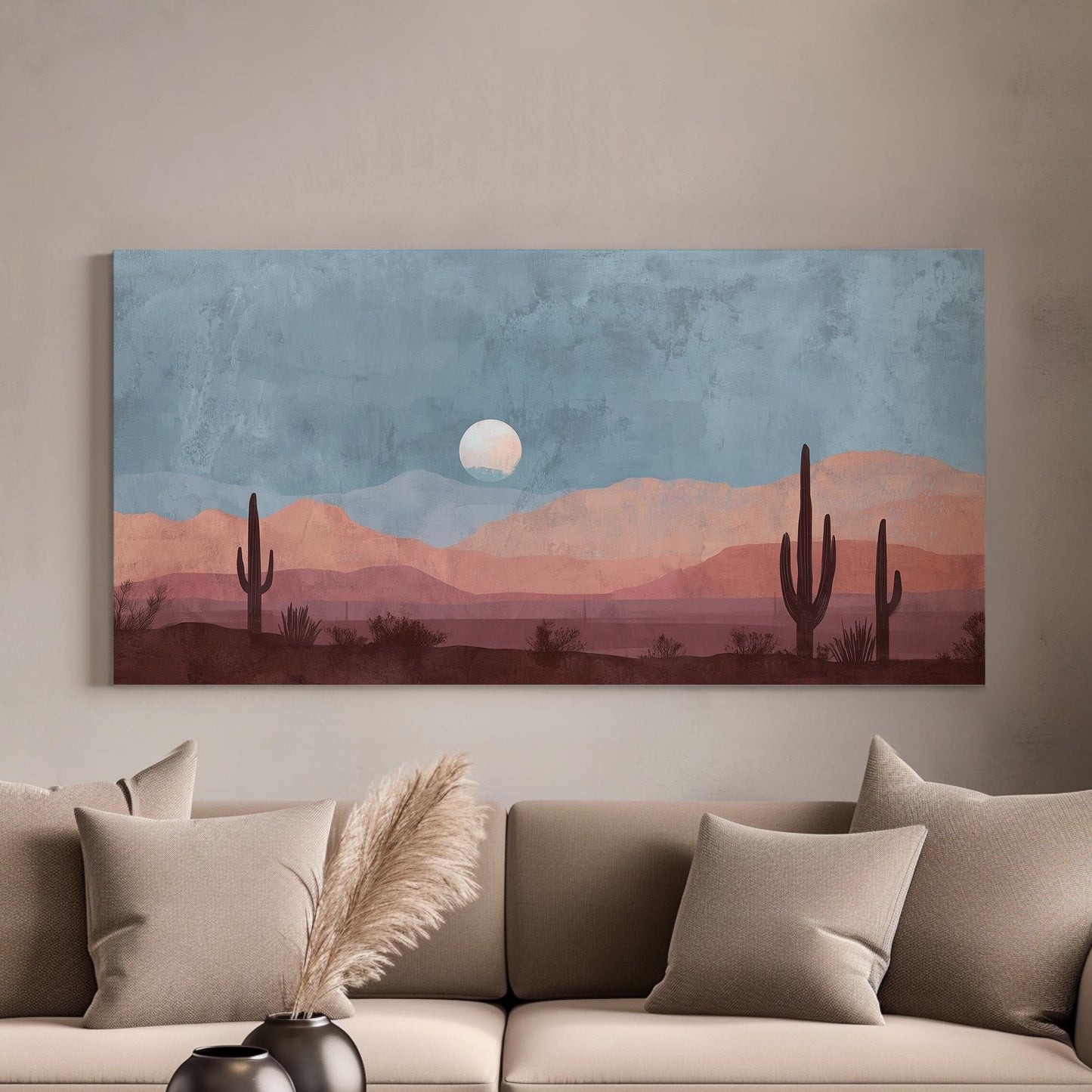 Desert Moonrise Canvas Art | Southwestern Landscape Print | Bohemian Wall Art For Living Room | Dusty Sky Art | Cactus Decor Horizontal Art