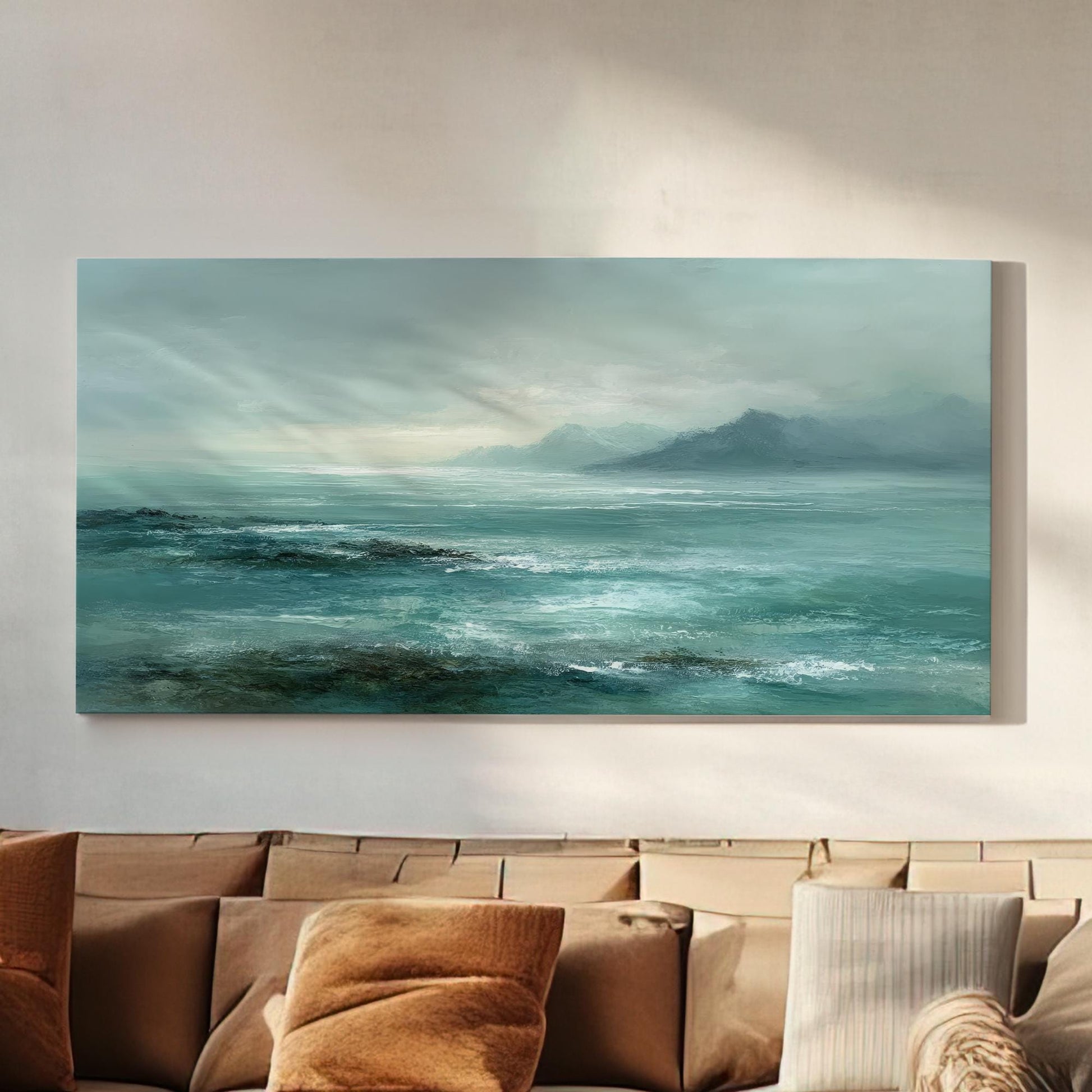 Misty Horizon Canvas Art | Serene Landscape Print | Coastal Wall Art For Living Room | Aquamarine Mist Art | Ocean View Decor Horizontal Art