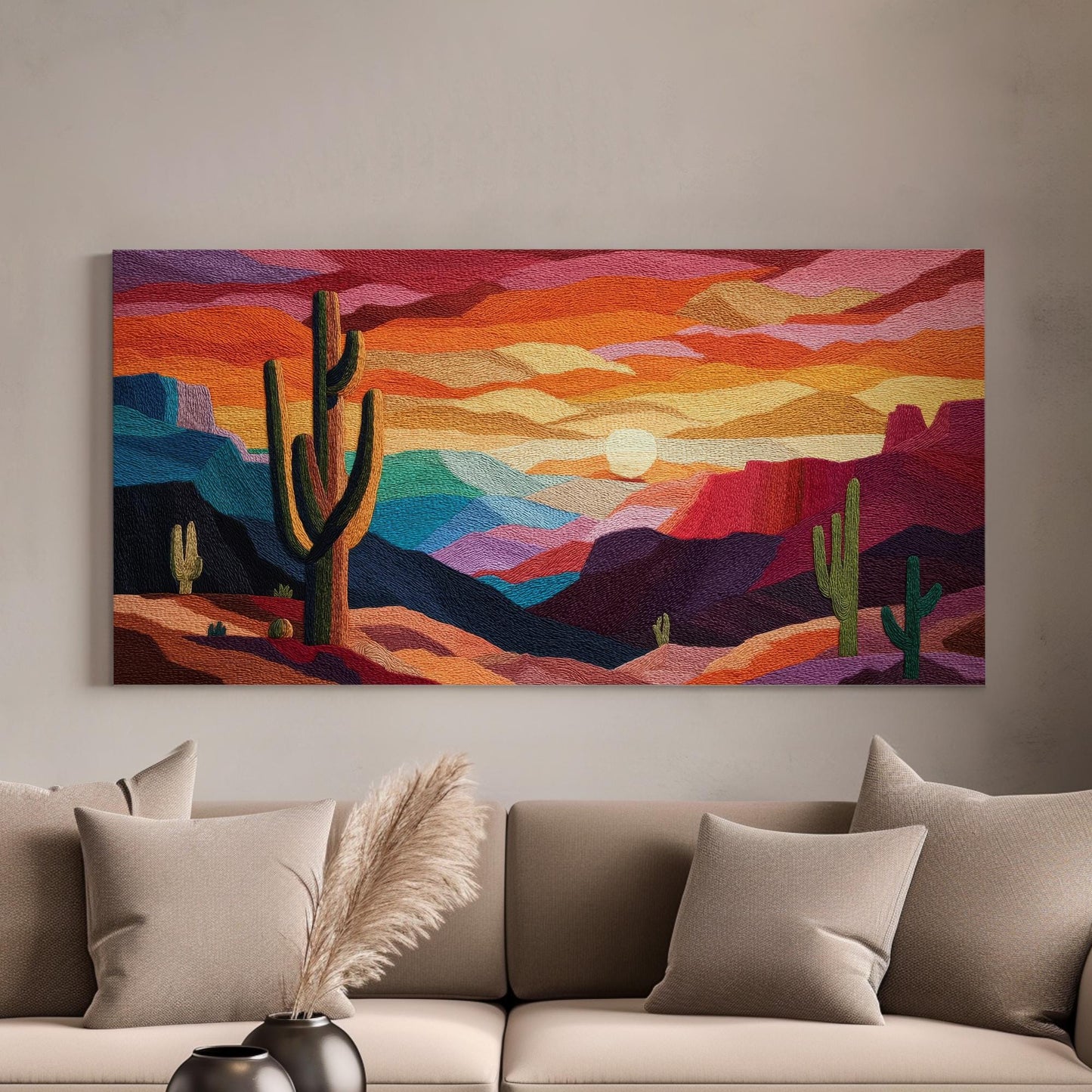 Desert Sunset Symphony Canvas Art | Abstract Landscape Print | Southwestern Style Wall Art For Living Room | Sunset Ember Art | Cactus Art