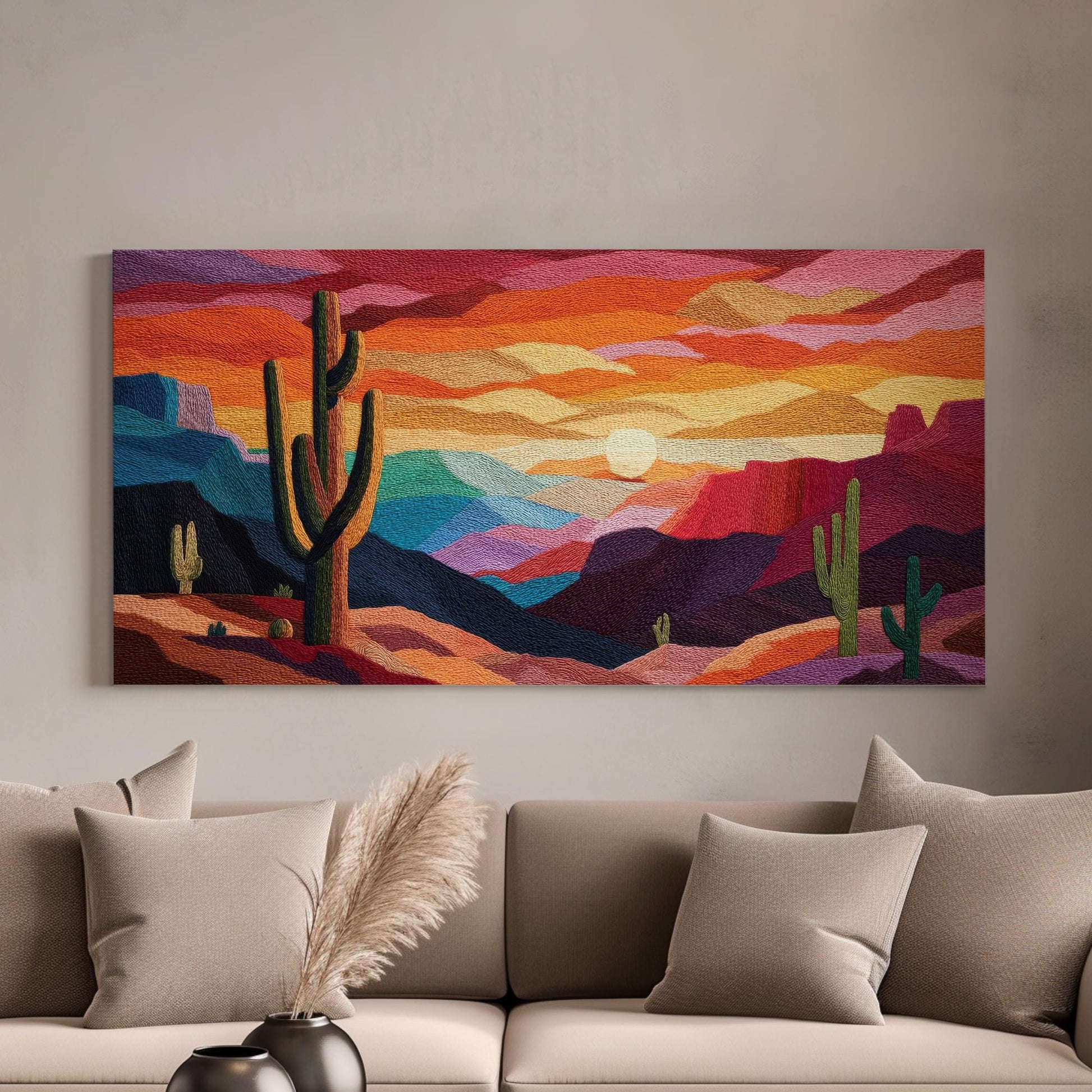 Desert Sunset Symphony Canvas Art | Abstract Landscape Print | Southwestern Style Wall Art For Living Room | Sunset Ember Art | Cactus Art