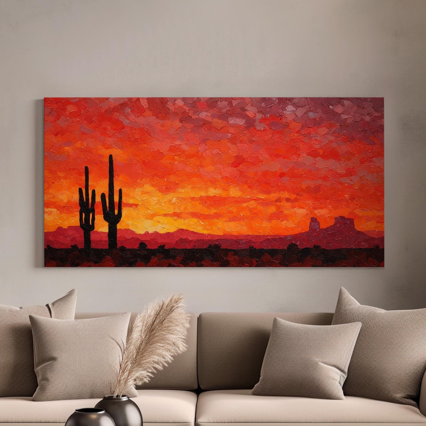Desert Dusk Canvas Art | Impressionist Sunset Print | Rustic Wall Art For Living Room | Fiery Ember Art | Cactus Landscape Horizontal Art