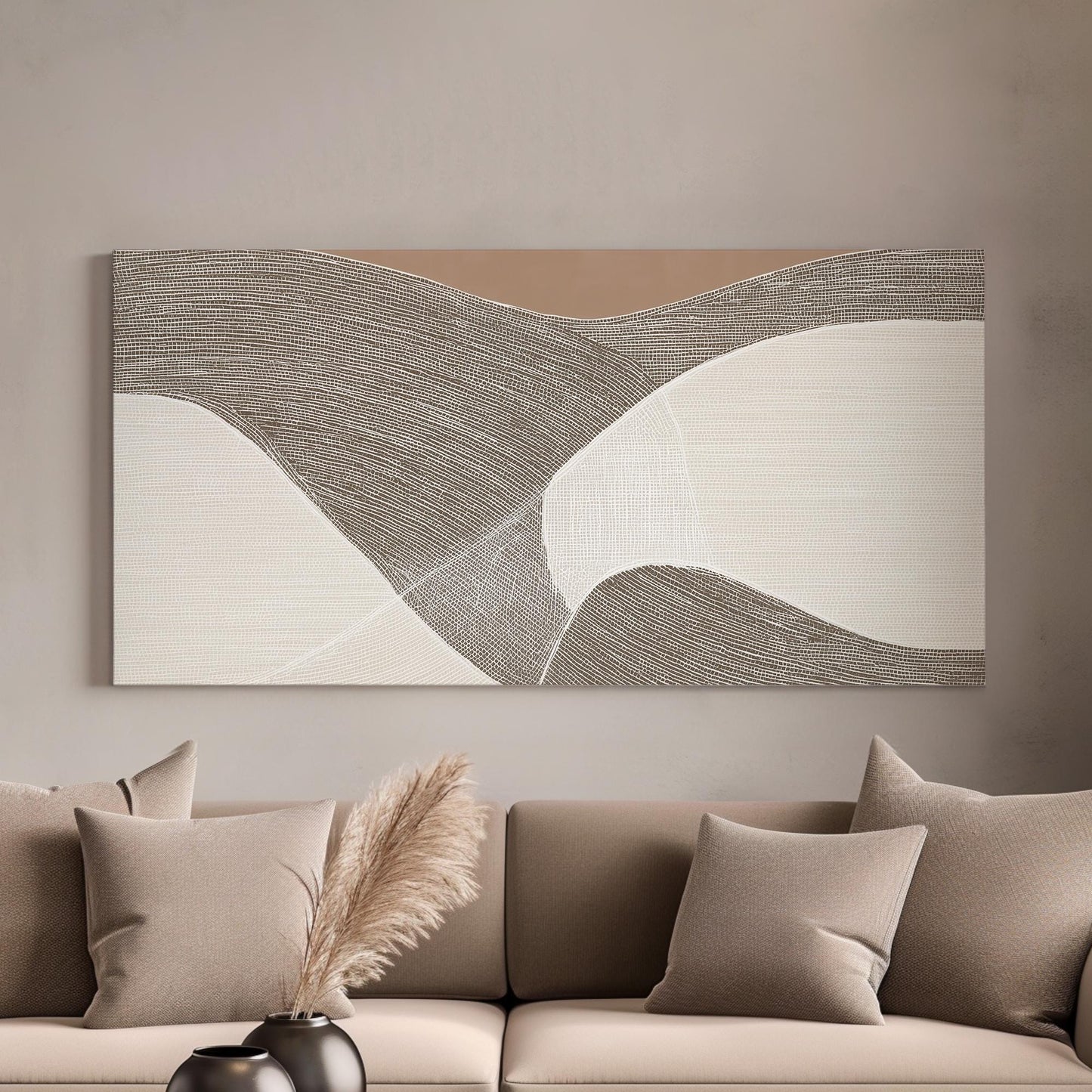 Flowing Curves Canvas Art | Abstract Print | Minimalist Wall Art For Living Room | Earthy Taupe Art | Wave Decor Horizontal Art
