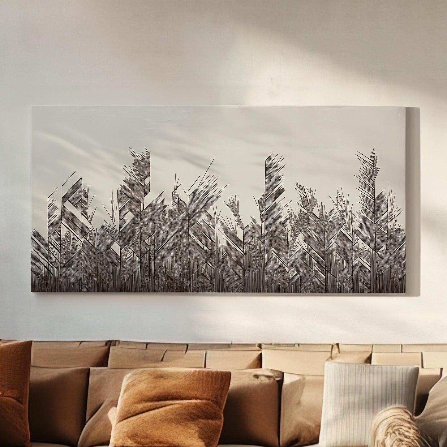 Geometric Fronds Canvas Art | Abstract Minimalist Print | Modern Wall Art For Living Room | Charcoal Whisper Art | Botanical Horizontal Art