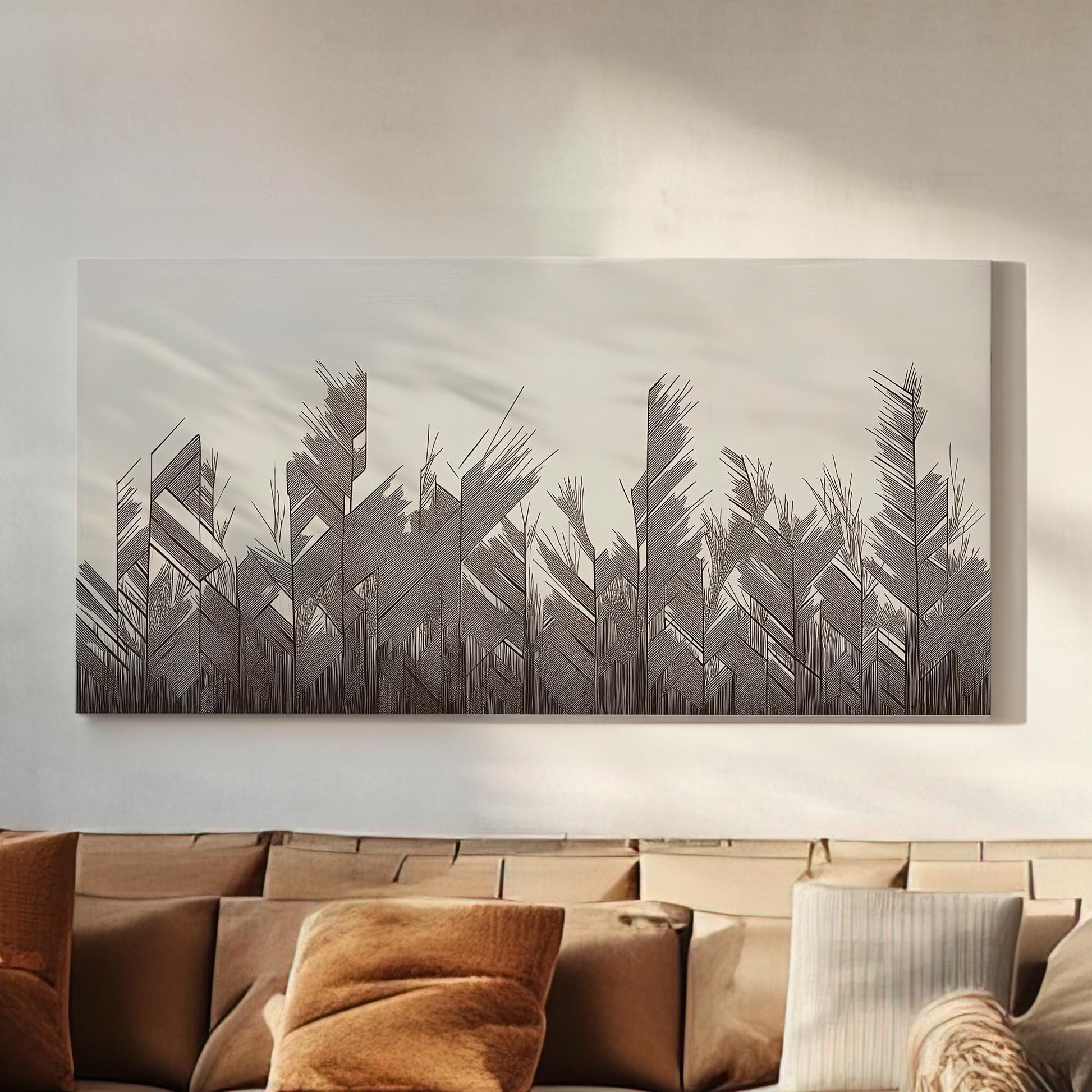 Geometric Fronds Canvas Art | Abstract Minimalist Print | Modern Wall Art For Living Room | Charcoal Whisper Art | Botanical Horizontal Art