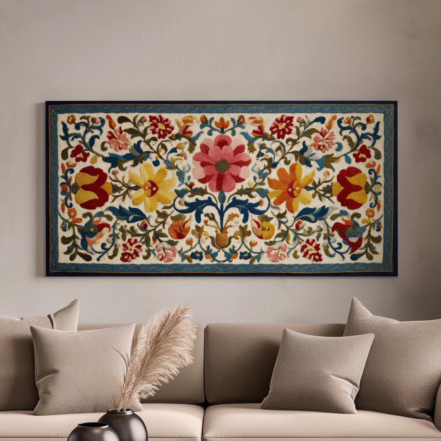 Colorful Floral Tapestry Canvas Art | Folk Art Print | Eclectic Wall Art For Living Room | Scarlet Bloom Art | Botanical Horizontal Art